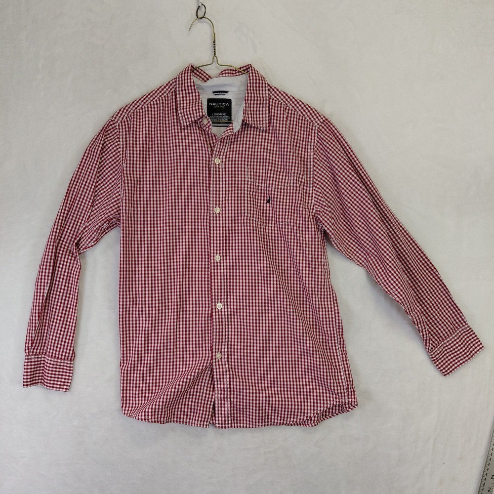 Nautica Mens Gingham Button Down Shirt Red White Long Sleeve Size L 14/16